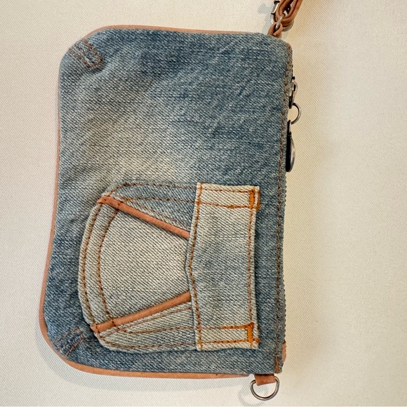 Vintage American Eagle Denim Wristlet Blue Jean Wallet Cognac Strap Y2K Bohemian - Picture 2 of 9